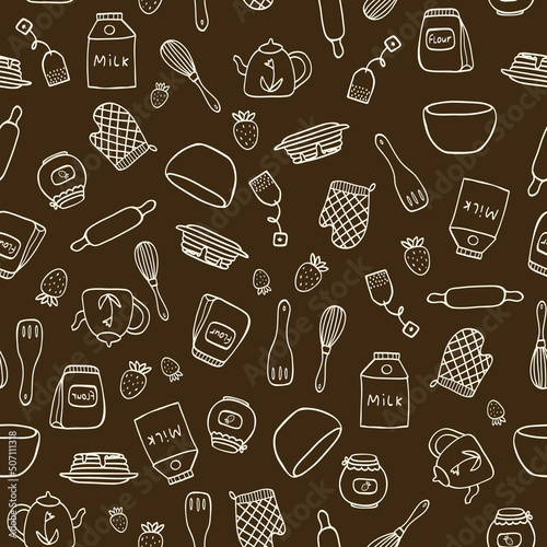 Vector seamless pattern with hand drawn food and kitchen items in doodle style. For feast invitation, fabric, kitchen textile, towel print, cover of cooking book, packaging design, template labels.