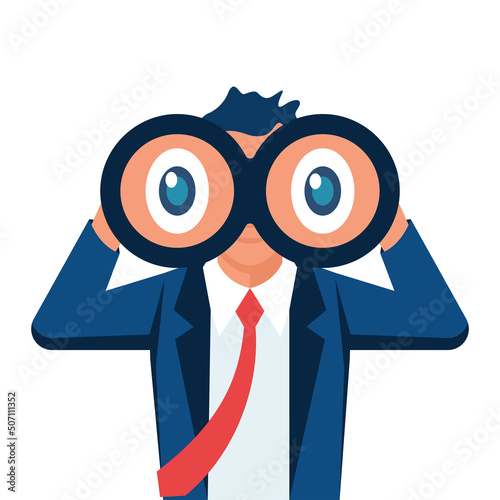 Businessman looks in the telescope. A great vision of the future. Vector illustration flat cartoon design. Looking for a new job. Search for new opportunities. Vision future concept.