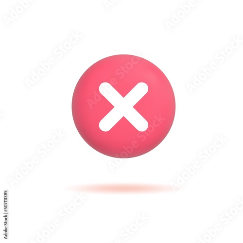 3d cross mark icon, negative or decline sign, realistic red cross button isolated on white background. Vector illustration