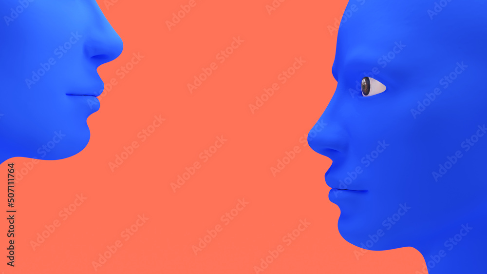 3d render two blue head in red background Artificial Intelligence