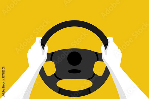 Hands on the steering wheel of a car. Driver vehicle. Web Design Template Automobile background. Vector illustration flat style. Isolated on white. Car drive. Landing page driving lessons.