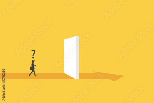 confusing businessman blocked wall. business gap concept. Business decision making, career path, work direction or choose the right way to success concept