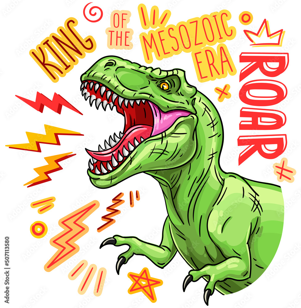 Obraz premium King of the mesozoic era. Roaring cartoon tyrannosaurus . Vector illustration isolated for prints, t-shirts, posters