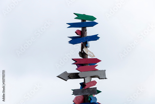 A pillar with empty multi-colored wooden signs to indicate directions against a gloomy sky. Space for text.