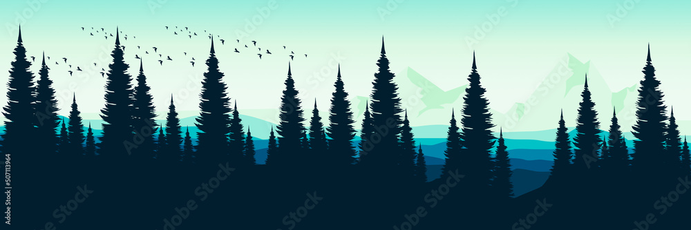 Obraz premium mountain landscape with pine tree silhouette vector illustration good for wallpaper, background, backdrop, banner, print, and design template