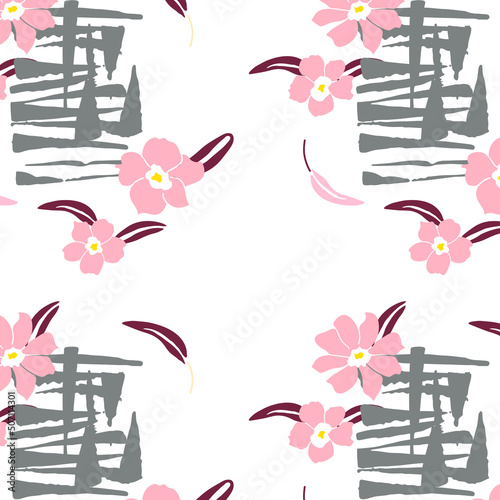 Abstract sakura flowers and hieroglyph pattern. 