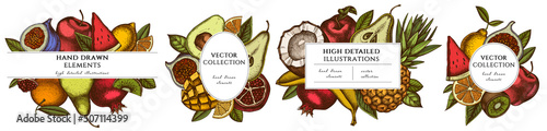 Fruits hand drawn frame templates. Vintage illustrations of bananas, pears, kiwi fruit, apples, lemon, orange, watermelon, garnet, pineapple, fig, coconut, mango, avocado.