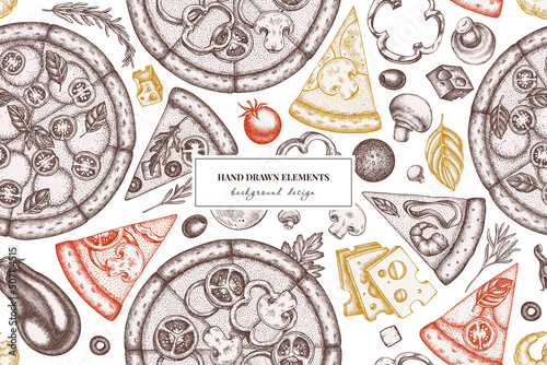 Pizza seamless pattern background design. Engraved style. Hand drawn greek, margherita, pepperoni, veggie, ham and mushrooms and seafood pizzas.