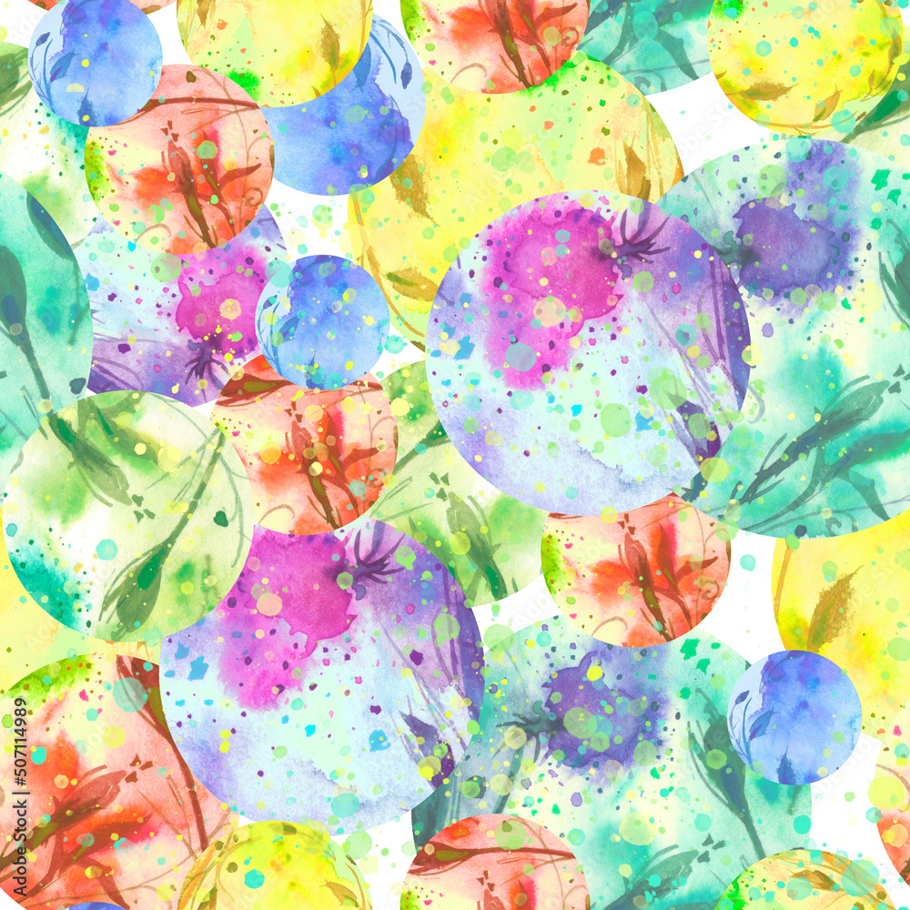 Creative seamless watercolor pattern of plants, Herbs, flowers, poppy, rose, peony. rowan currant, flowers watercolor, stylish pattern. Abstract paint splash. Watercolor background