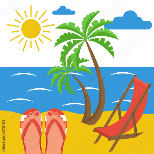 Tropical island with palms. A pair of female legs with a pedicure in beach slippers. Ocean shore beach and chair. Vector illustration flat design. Summer vacation.