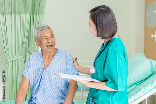 The nurse check the old senior man and talk about recovering at the hospital., Medical and healthcare concept.