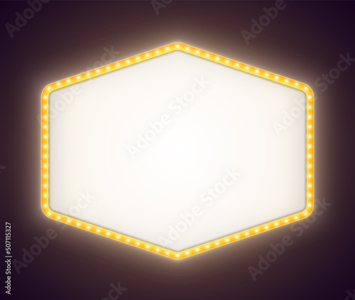 Yellow retro lightbox with white light bulbs, vintage theater signboard mockup isolated on a dark background. Bright hexagonal commercial announcement banner. Marquee billboard with lamps.