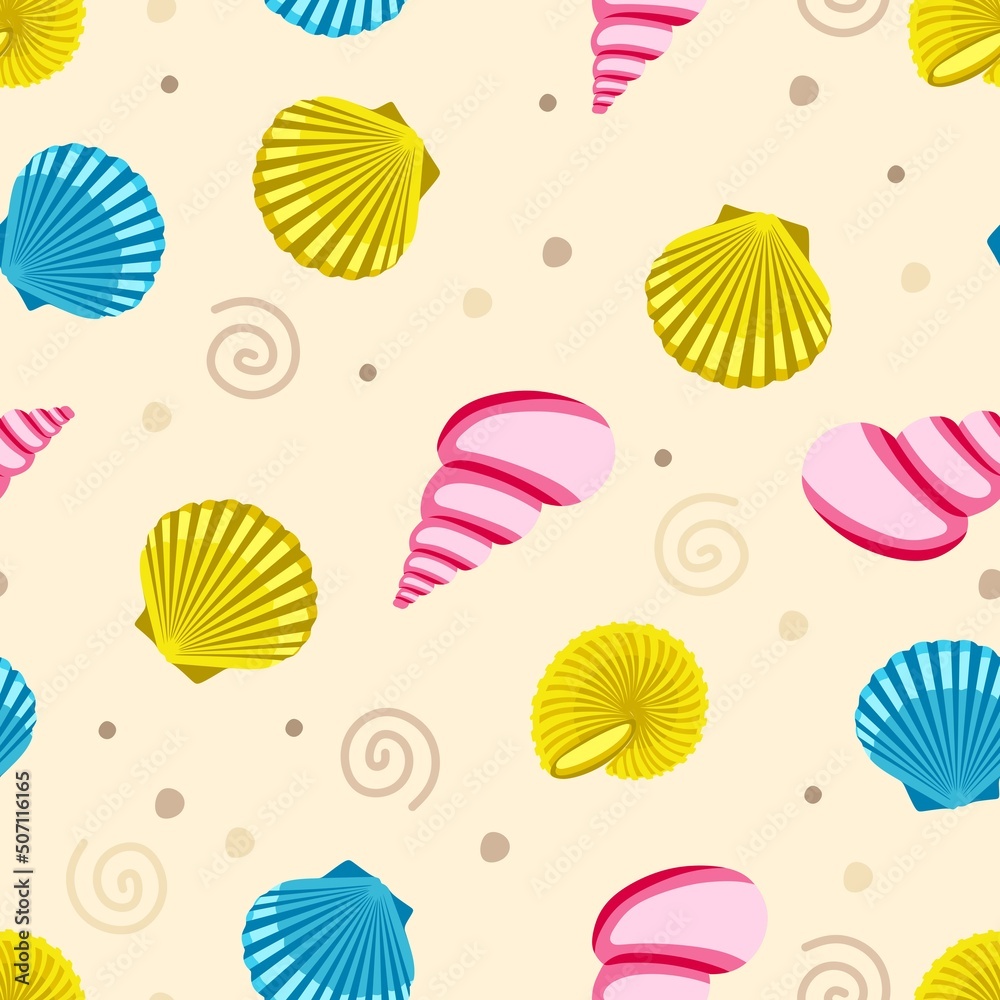 Seamless pattern with shells and clams on a beige background Vector illustration in a flat style Seamless pattern with shells and clams on a beige background Vector illustration in a flat style