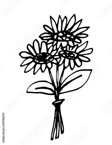 Simple hand drawn vector drawing in black outline. Bouquet of sunflowers, autumn-summer plants. Ink sketch. For seasonal holidays, postcards, invitations.