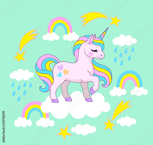 Cute unicorn on cloud with rainbows and shooting stars. Vector illustration © Jufirell