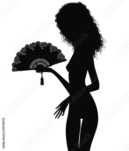 Black silhouette of a naked girl with an open fan in her hand isolated on white