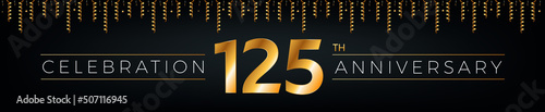 125th anniversary. One hundred twenty-five years birthday celebration horizontal banner with bright golden color.