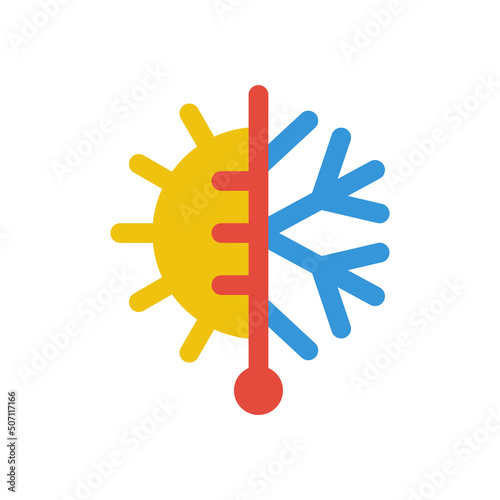 Climate control. Snowflake as symbol of cold. The sun is like high temperature sign. Temperature sensor. Temperature adjustment. Vector illustration flat design. Logo is isolated on white background.