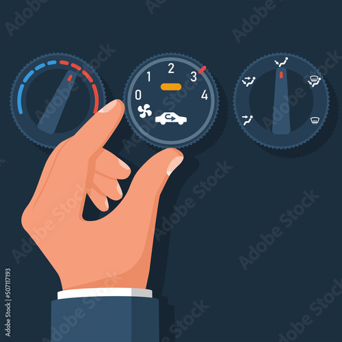 Climate control handle. Person includes air conditioning in car. Driver turns on vehicle climate control system. Temperature switches. Cooling, heating car interior. Vector illustration flat design.