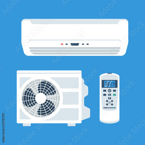 Air conditioner and split air control system. Collection outdoors block, air conditioning and remote control. Template set for buy or sale. Cooling technique and climate control. Vector flat design.