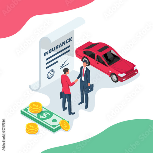 Car insurance form. Businessmen sign an insurance form. Shaking hands on a deal. Legal document auto insurance. Vector illustration 3d isometric design. Isolated on white background.