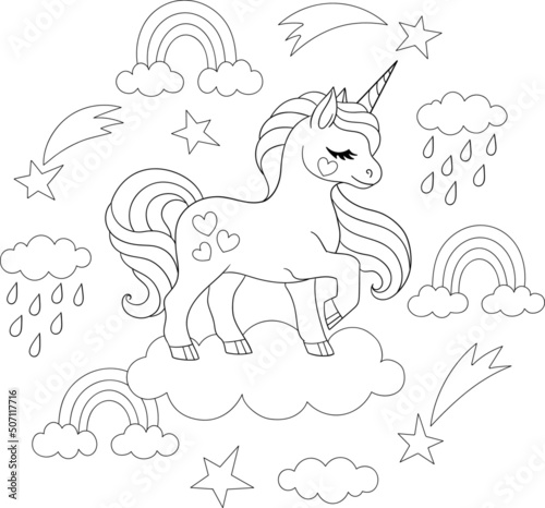 Adorable unicorn on cloud with rainbows and shooting stars. Vector outline for coloring