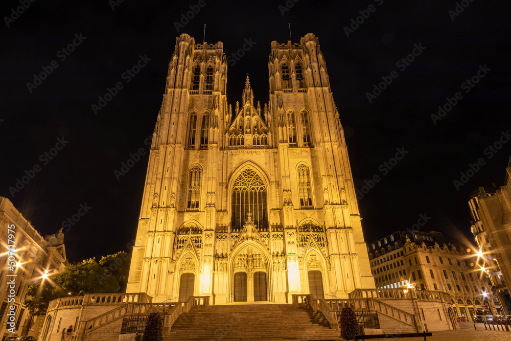 St Michael and St Gudula Cathedral illuminated in the night, Brussels