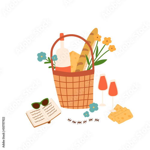 Picnic basket with wine summer leisure Garden picnic, outdoor leisure romantic dinner outside Bottle of wine glass of wine cheese baguette vector illustration for chilling isolated element Picnic food