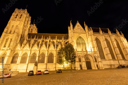 St Michael and St Gudula Cathedral illuminated in the night, Brussels