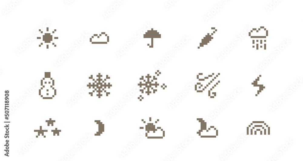 ドット絵　かわいいお天気アイコン装飾イラストセット　天候　ピクセル