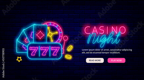 Casino night neon promotion template. Website landing page. Jackpot symbol. Vector stock illustration