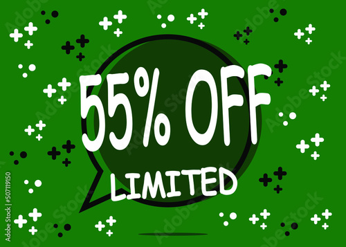 55% off limited units. Sale banner in the form of a balloon for promotion in green.