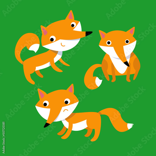 Vector set of cute foxes in cartoon flat style. Colored animals for stickers, books, games. Funny characters.