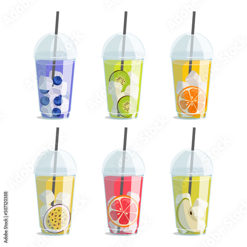 Plastic glasses with different fruit and berry juices or cocktails with ice and slices. Take away. Vector graphic.