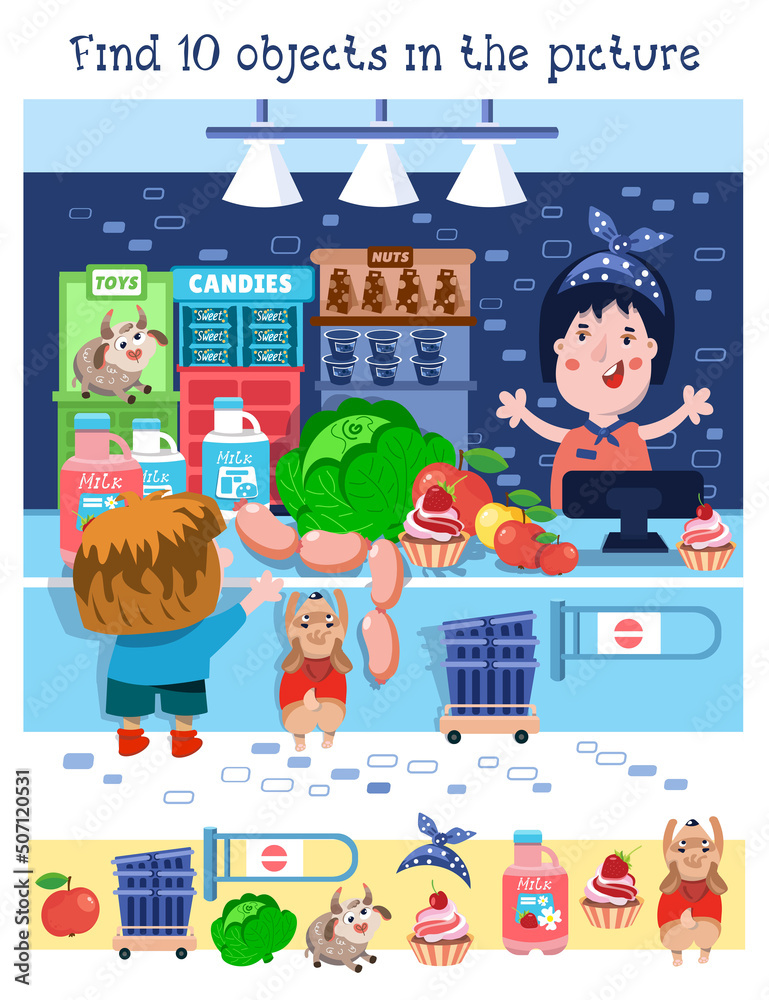 Find 10 hidden objects. Educational game for children. Cartoon characters in market. Vector color illustration. Cute boy and dog buy food in store. 