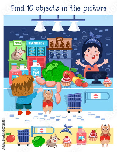 Find 10 hidden objects. Educational game for children. Cartoon characters in market. Vector color illustration. Cute boy and dog buy food in store. 