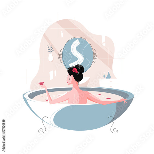 Beautiful woman taking a bath with rose petals vector illustration. The girl enjoys water procedures in the bathroom and drinks wine.