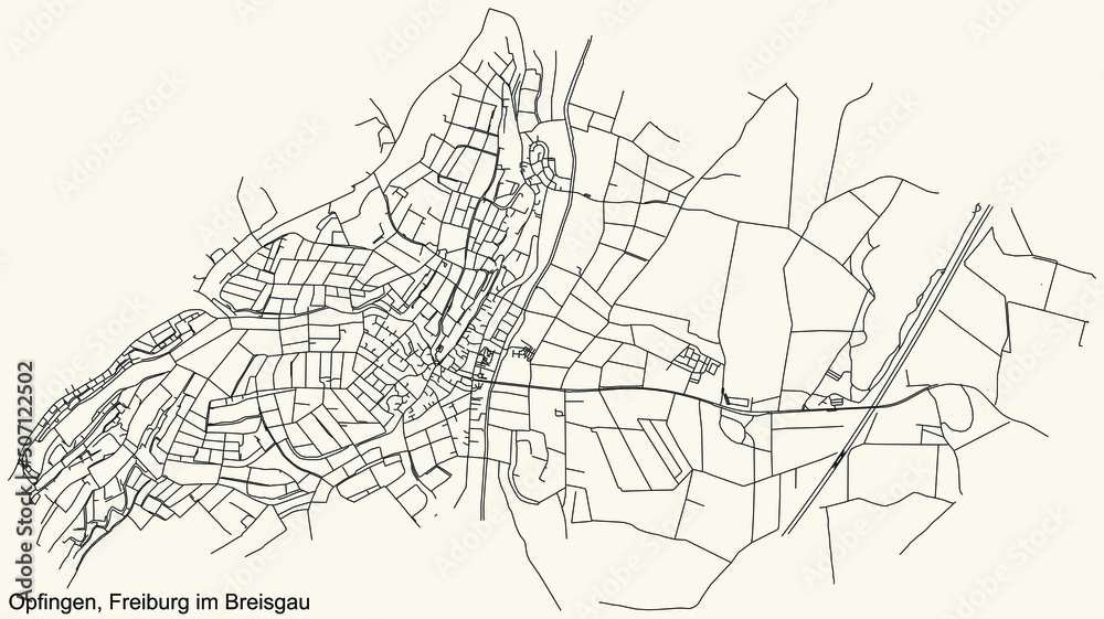 Fototapeta premium Detailed navigation black lines urban street roads map of the OPFINGEN DISTRICT of the German regional capital city of Freiburg im Breisgau, Germany on vintage beige background