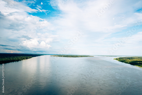 Amazon River Aerial View. Tropical Green Rainforest in Peru, South America. Bird's-eye view.