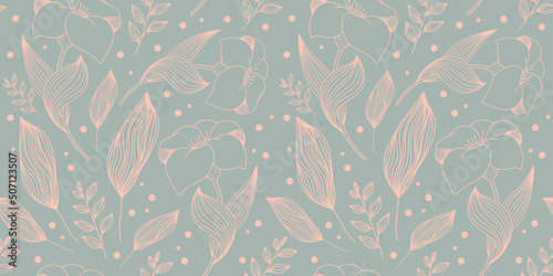 Floral linear pattern. Outline seamless illustration with flower and leaves on green background