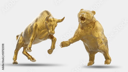 Golden bull and bear on white background - 3D illustration