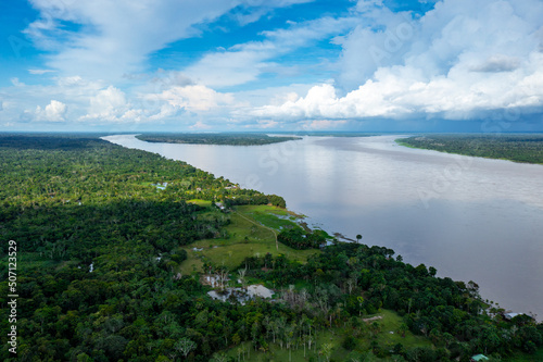 Amazon Rainforest Aerial View. Tropical Green Jungle in Peru, South America. Bird's-eye view.