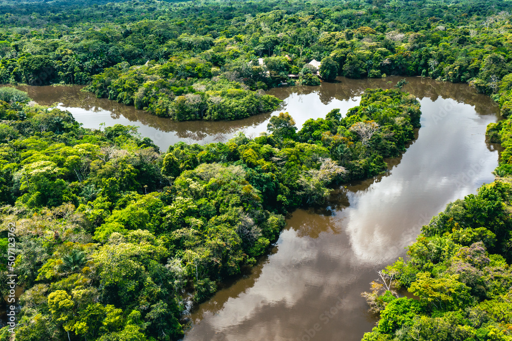 Peru. Aerial view of Rio Momon. Top View of Amazon Rainforest, near Iquitos, Peru. South America. 