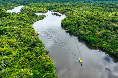 Peru. Aerial view of Rio Momon. Top View of Amazon Rainforest, near Iquitos, Peru. South America.  photo