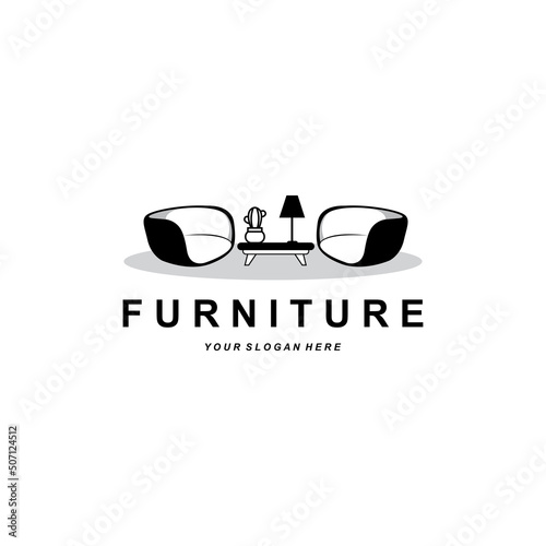 furniture logo, home furnishing design, room icon illustration, table, chair, lamp, frame, clock, flower pot