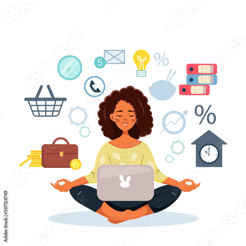 A multitasking African American woman performs many tasks at the same time