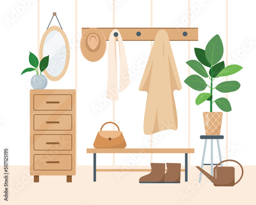 Cozy Hallway interior in trendy Scandic hygge style. Modern house antechamber or lobby with homeplants and furniture. Flat or cartoon vector illustration.