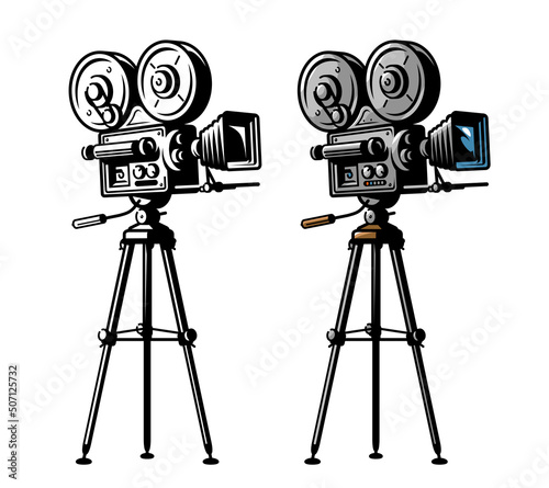 Vintage video projector. Retro movie camera on tripod isolated on white background. Vector illustration