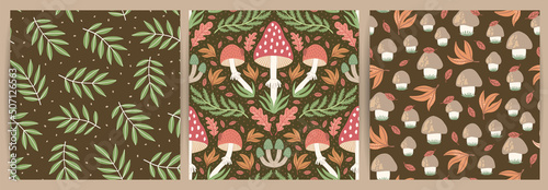 Set of hand-drawn seamless patterns with wild mushrooms and autumn leaves. Colorful seasonal illustration for paper and gift wrap. Fabric print design. Creative stylish background.
