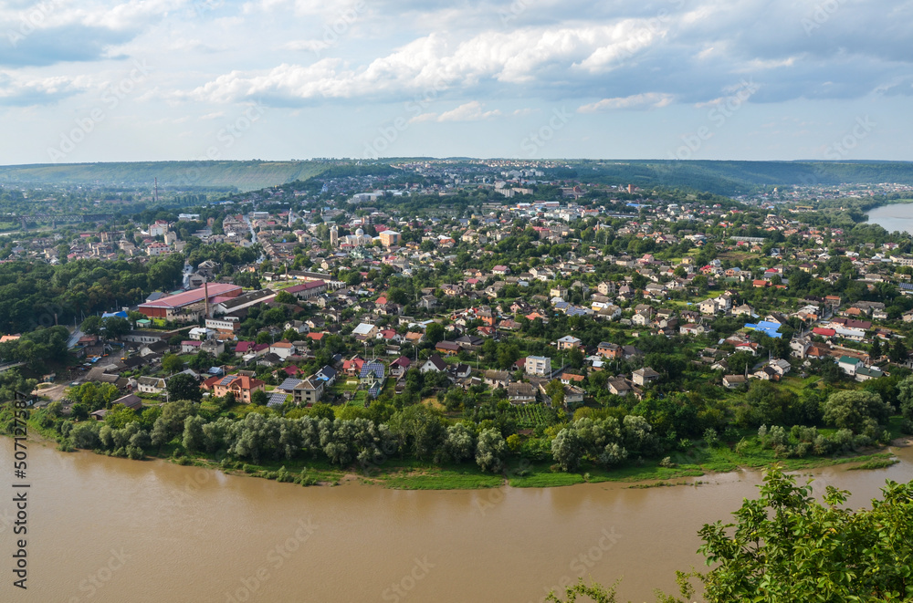 Beautiful view to a small historical city Zalishchyky located on the Dniester river in Ternopil region, Ukraine